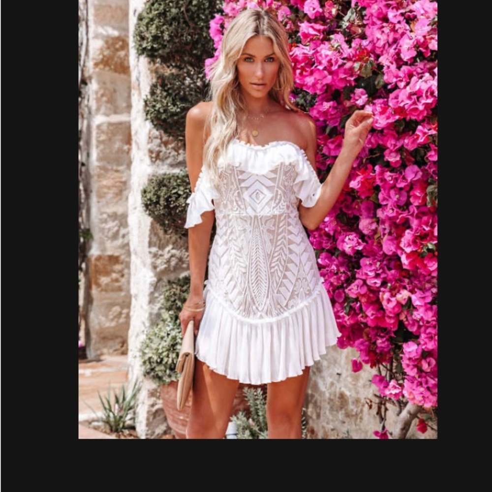 Vici white and cream off the shoulder mini dress